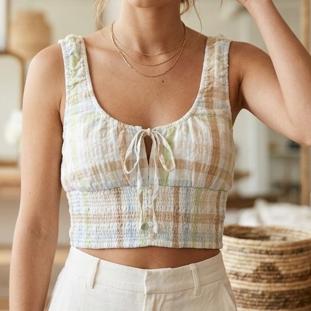 American Eagle Plaid Smocked Tie Front Coquette Boho Linen Top Large